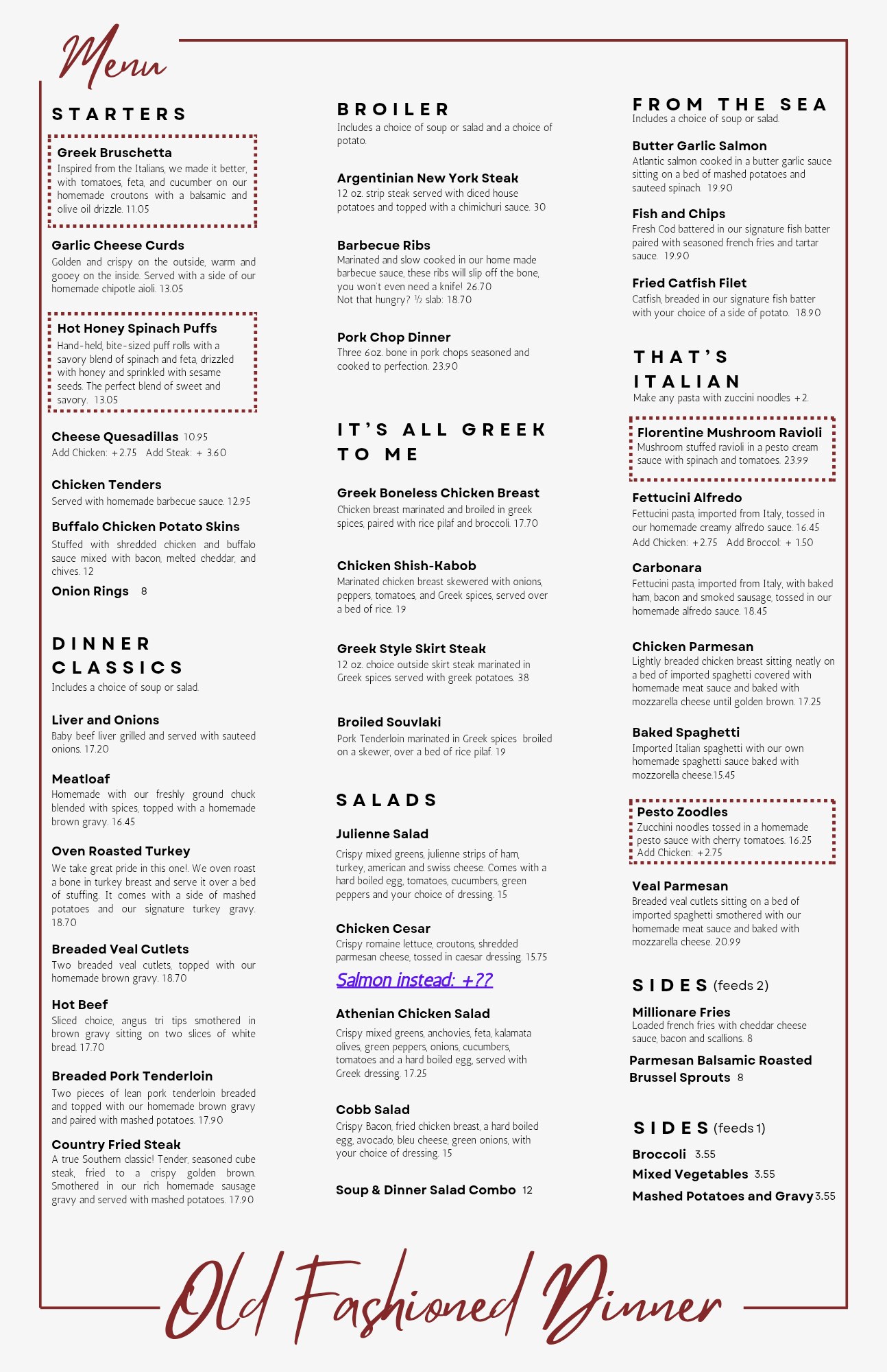 Old Fashioned Pancake House dinner menu, page 1